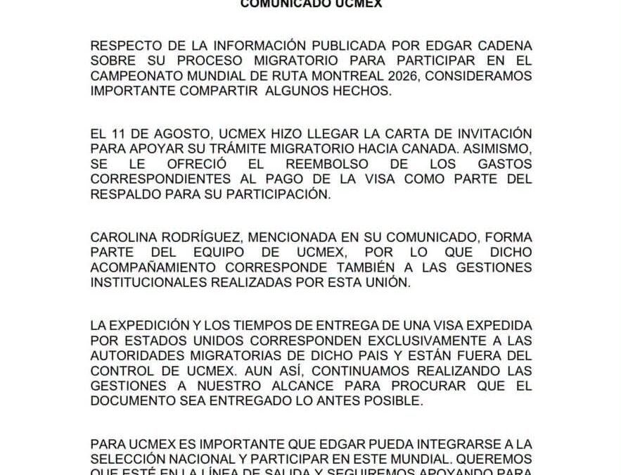 UCMEX ACLARA APOYO A EDGAR “CHUCKY” CADENA PARA SU TRÁMITE DE VISA A CANADÁ