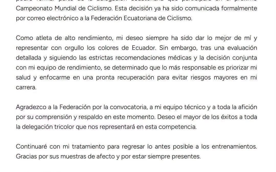 RICHARD CARAPAZ CAUSA BAJA DEL MUNDIAL DE CICLISMO POR COMPLICACIONES DE SALUD